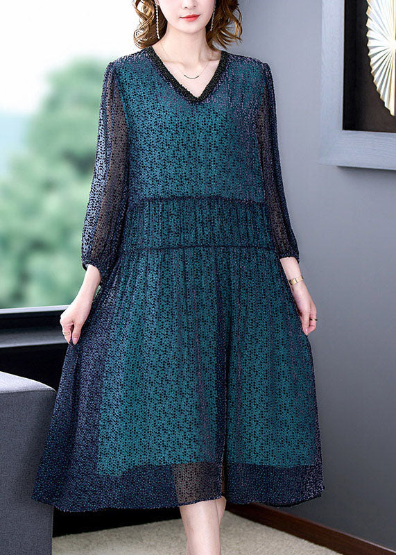 Elegant Blue V Neck Wrinkled Patchwork Silk Dress Long sleeve LY5948 Ada Fashion