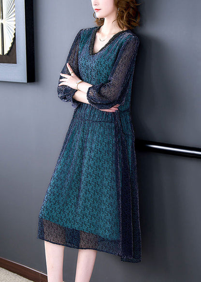 Elegant Blue V Neck Wrinkled Patchwork Silk Dress Long sleeve LY5948 Ada Fashion