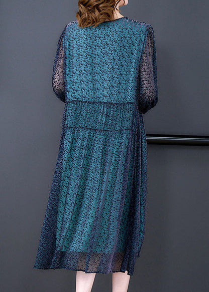 Elegant Blue V Neck Wrinkled Patchwork Silk Dress Long sleeve LY5948 Ada Fashion