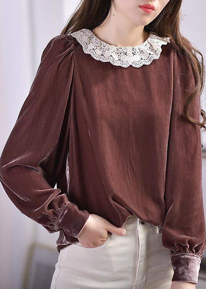 Elegant Brown O-Neck Lace Patchwork Silk Velour Blouses Spring LY2604 - fabuloryshop