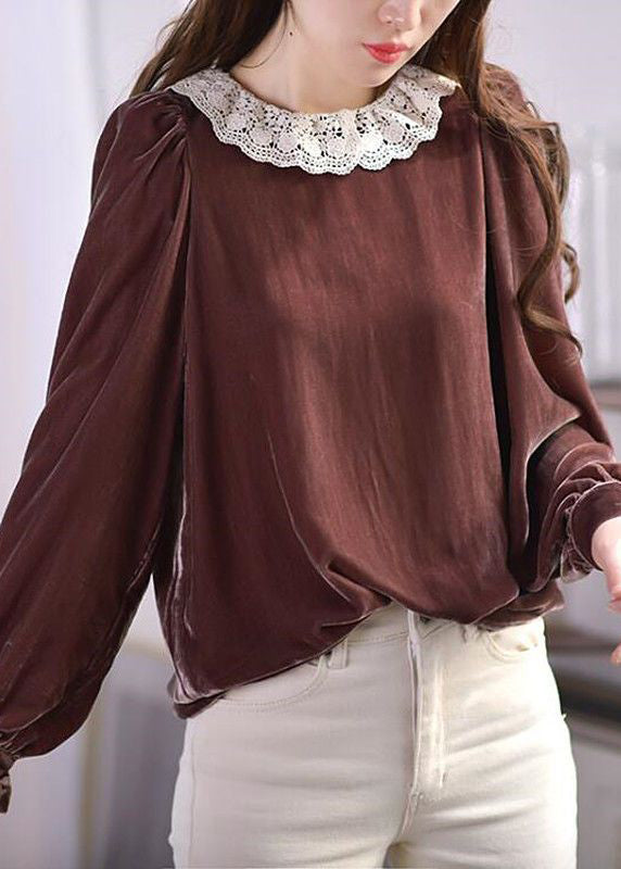 Elegant Brown O-Neck Lace Patchwork Silk Velour Blouses Spring LY2604 - fabuloryshop