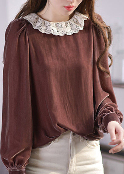 Elegant Brown O-Neck Lace Patchwork Silk Velour Blouses Spring LY2604 - fabuloryshop