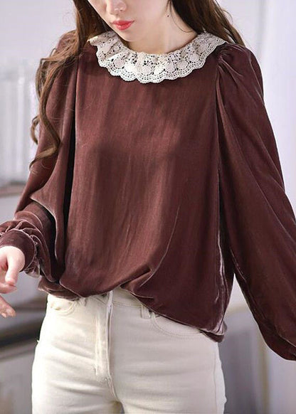 Elegant Brown O-Neck Lace Patchwork Silk Velour Blouses Spring LY2604 - fabuloryshop