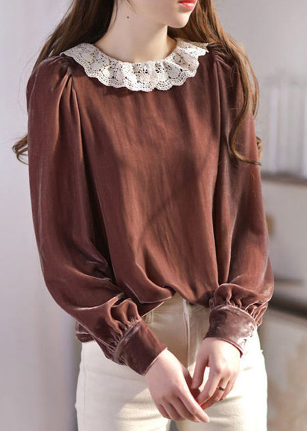 Elegant Brown O-Neck Lace Patchwork Silk Velour Blouses Spring LY2604
