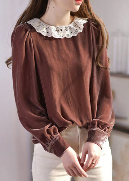 Elegant Brown O-Neck Lace Patchwork Silk Velour Blouses Spring LY2604 - fabuloryshop