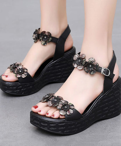 Elegant Buckle Strap Wedge Sandals Brown Cowhide Leather LY4371 - fabuloryshop