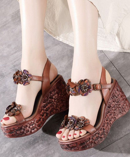 Elegant Buckle Strap Wedge Sandals Brown Cowhide Leather LY4371 - fabuloryshop