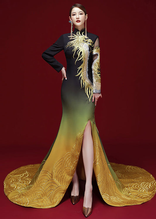 Elegant Chinese Style Black Yellow Embroideried Side Open Silk Dress Long Sleeve Ada Fashion