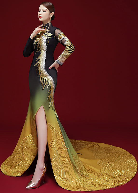 Elegant Chinese Style Black Yellow Embroideried Side Open Silk Dress Long Sleeve Ada Fashion