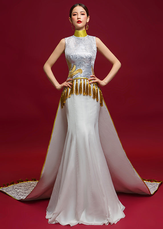 Elegant Chinese Style White Tasseled Embroideried Silk Dresses Sleeveless Ada Fashion