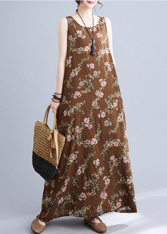 Elegant Coffee O-Neck Print Linen Beach Dresses Sleeveless LY7311 - fabuloryshop