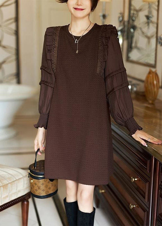 Elegant Coffee O-Neck Ruffled Patchwork Cotton Dresses Spring LY3840 - fabuloryshop