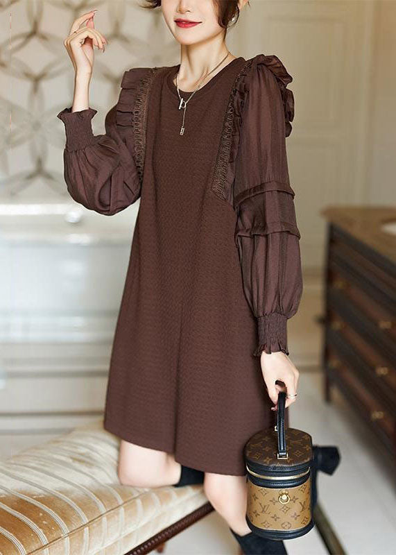 Elegant Coffee O-Neck Ruffled Patchwork Cotton Dresses Spring LY3840