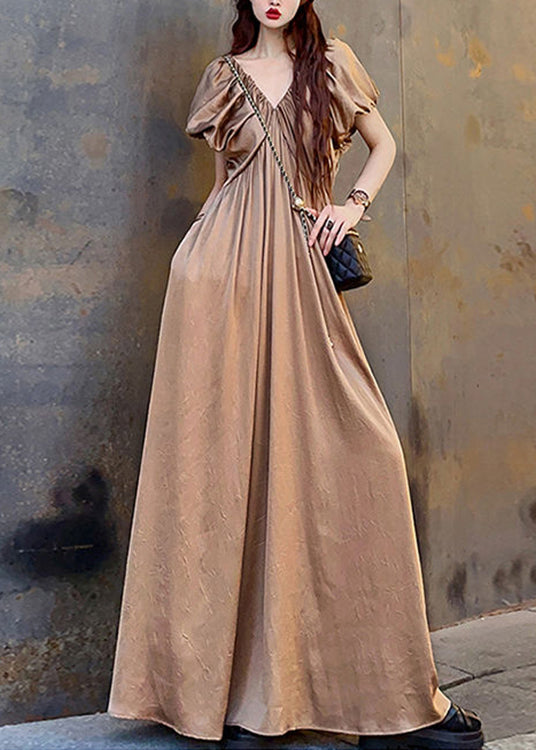 Elegant Coffee V Neck Wrinkled Patchwork Cotton Long Dresses Summer Ada Fashion