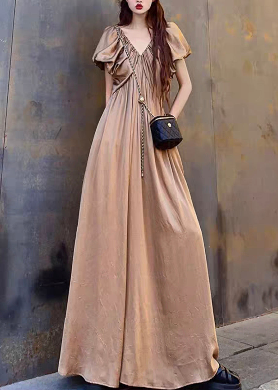 Elegant Coffee V Neck Wrinkled Patchwork Cotton Long Dresses Summer Ada Fashion