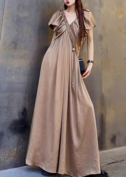 Elegant Coffee V Neck Wrinkled Patchwork Cotton Long Dresses Summer Ada Fashion