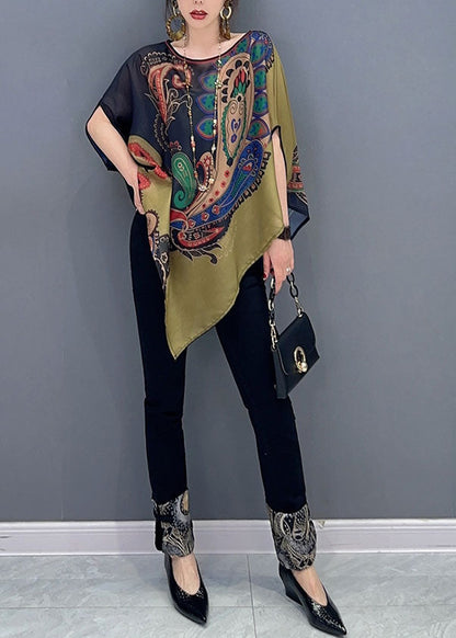 Elegant Colorblock Asymmetrical Print Chiffon Top Batwing Sleeve LC0338 - fabuloryshop