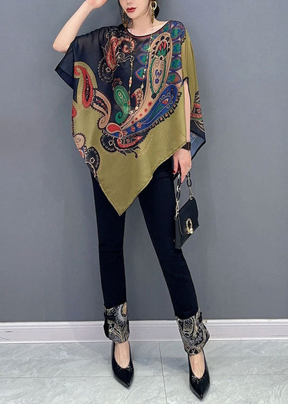 Elegant Colorblock Asymmetrical Print Chiffon Top Batwing Sleeve LC0338 - fabuloryshop