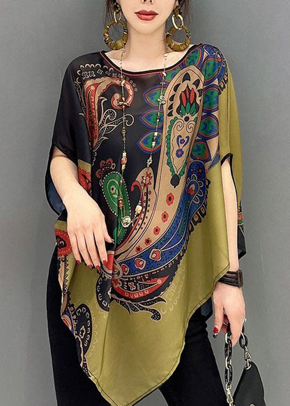 Elegant Colorblock Asymmetrical Print Chiffon Top Batwing Sleeve LC0338 - fabuloryshop