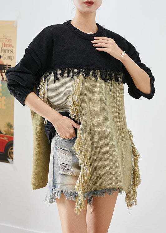 Elegant Colorblock Tasseled Patchwork Knitted Tops Fall Ada Fashion