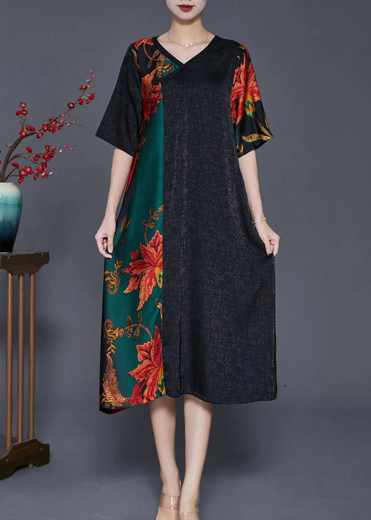 Elegant Colorblock V Neck Patchwork Silk Robe Dresses Summer Ada Fashion