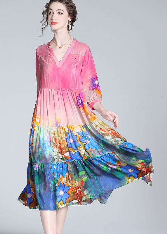 Elegant Colorblock V Neck Print Wrinkled Silk Dresses Bracelet Sleeve LY0991 - fabuloryshop