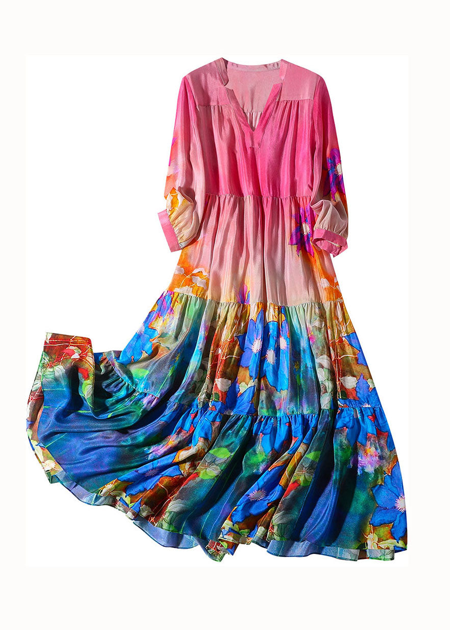 Elegant Colorblock V Neck Print Wrinkled Silk Dresses Bracelet Sleeve LY0991 - fabuloryshop
