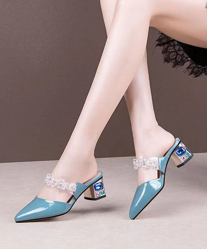 Elegant Crystal Flower Splicing Chunky Blue Cowhide Leather Ada Fashion