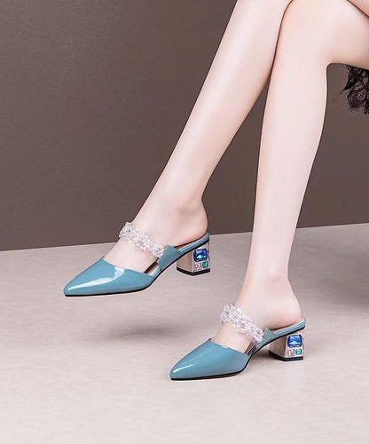 Elegant Crystal Flower Splicing Chunky Blue Cowhide Leather Ada Fashion