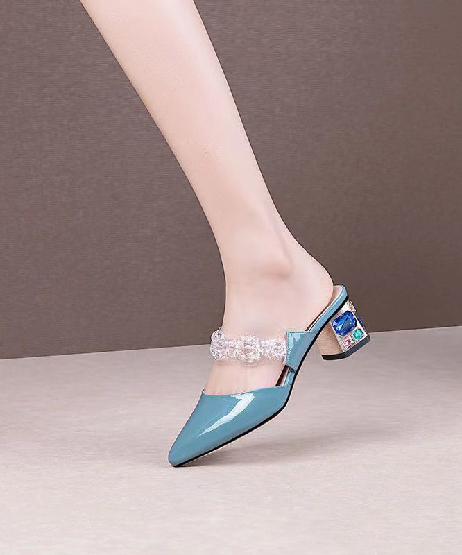 Elegant Crystal Flower Splicing Chunky Blue Cowhide Leather Ada Fashion