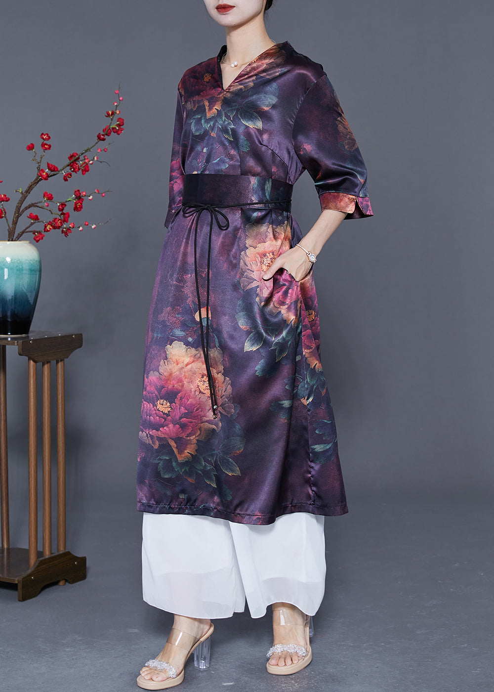 Elegant Dark Purple V Neck Print Silk Long Dress Summer LY5559 - fabuloryshop