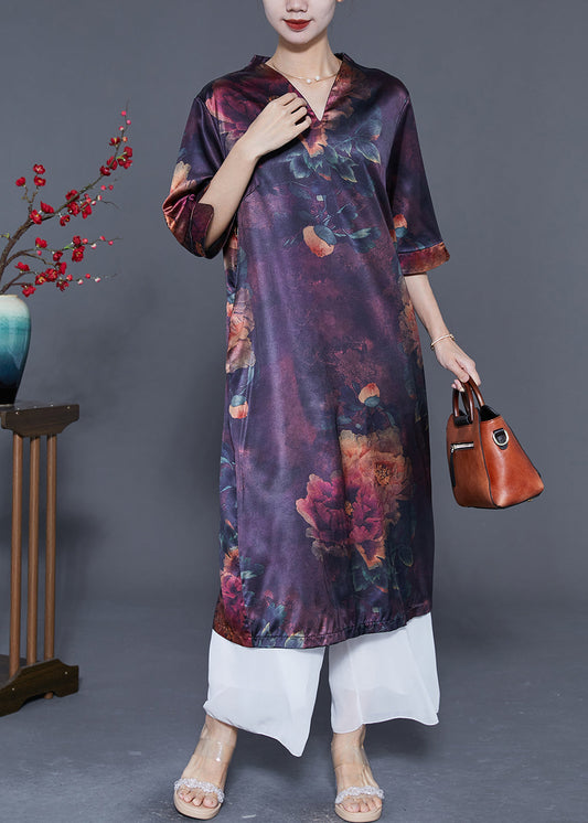 Elegant Dark Purple V Neck Print Silk Long Dress Summer LY5559 - fabuloryshop