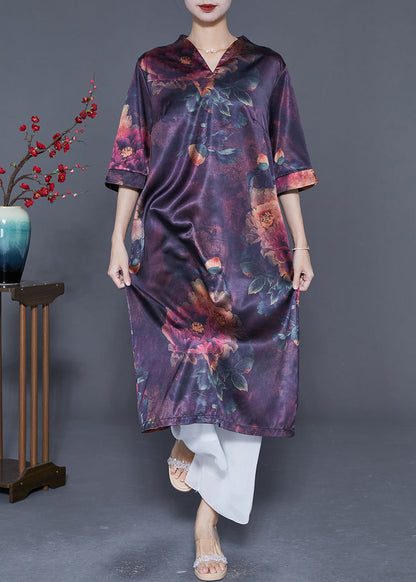 Elegant Dark Purple V Neck Print Silk Long Dress Summer LY5559 - fabuloryshop