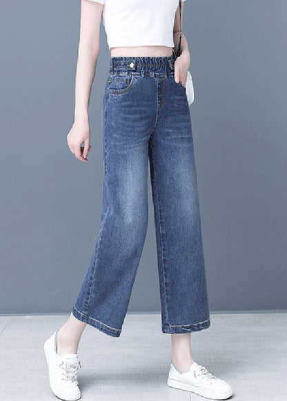 Elegant Denim Blue Patchwork Elastic Waist Crop Wide Leg Pants TY1065 - fabuloryshop