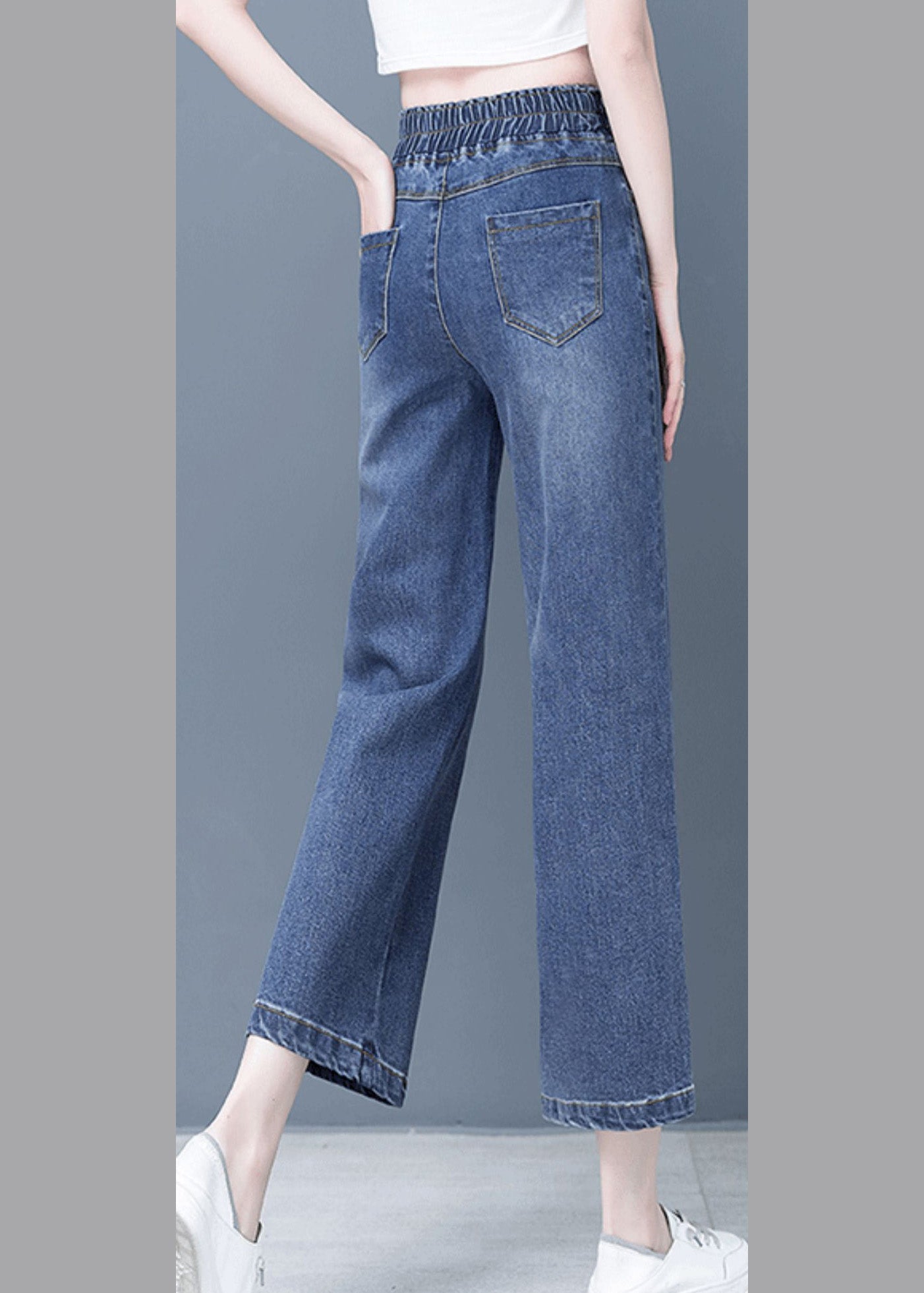 Elegant Denim Blue Patchwork Elastic Waist Crop Wide Leg Pants TY1065 - fabuloryshop