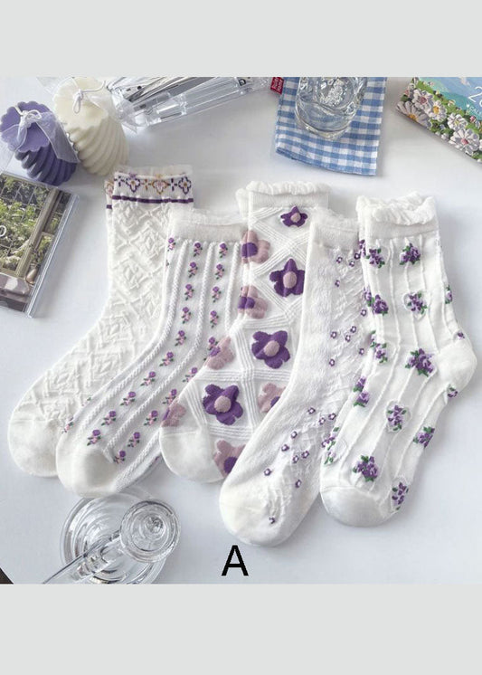 Elegant Floral Jacquard Cotton Mid Calf Socks - fabuloryshop
