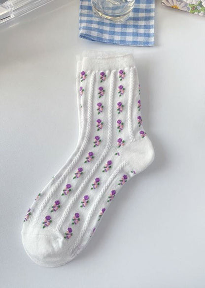 Elegant Floral Jacquard Cotton Mid Calf Socks - fabuloryshop