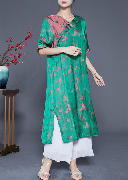 Elegant Fluorescent Green Chinese Button Jacquard Silk Dresses Summer LY5572 - fabuloryshop