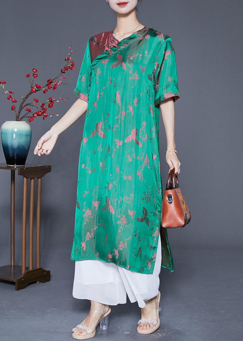 Elegant Fluorescent Green Chinese Button Jacquard Silk Dresses Summer LY5572 - fabuloryshop