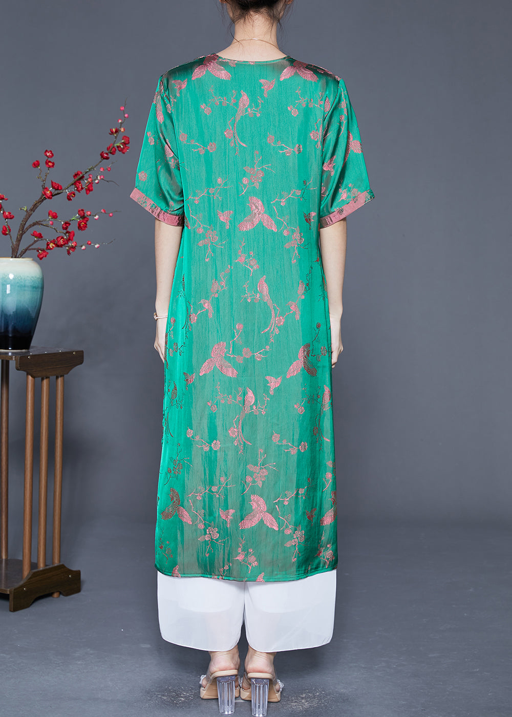 Elegant Fluorescent Green Chinese Button Jacquard Silk Dresses Summer LY5572 - fabuloryshop