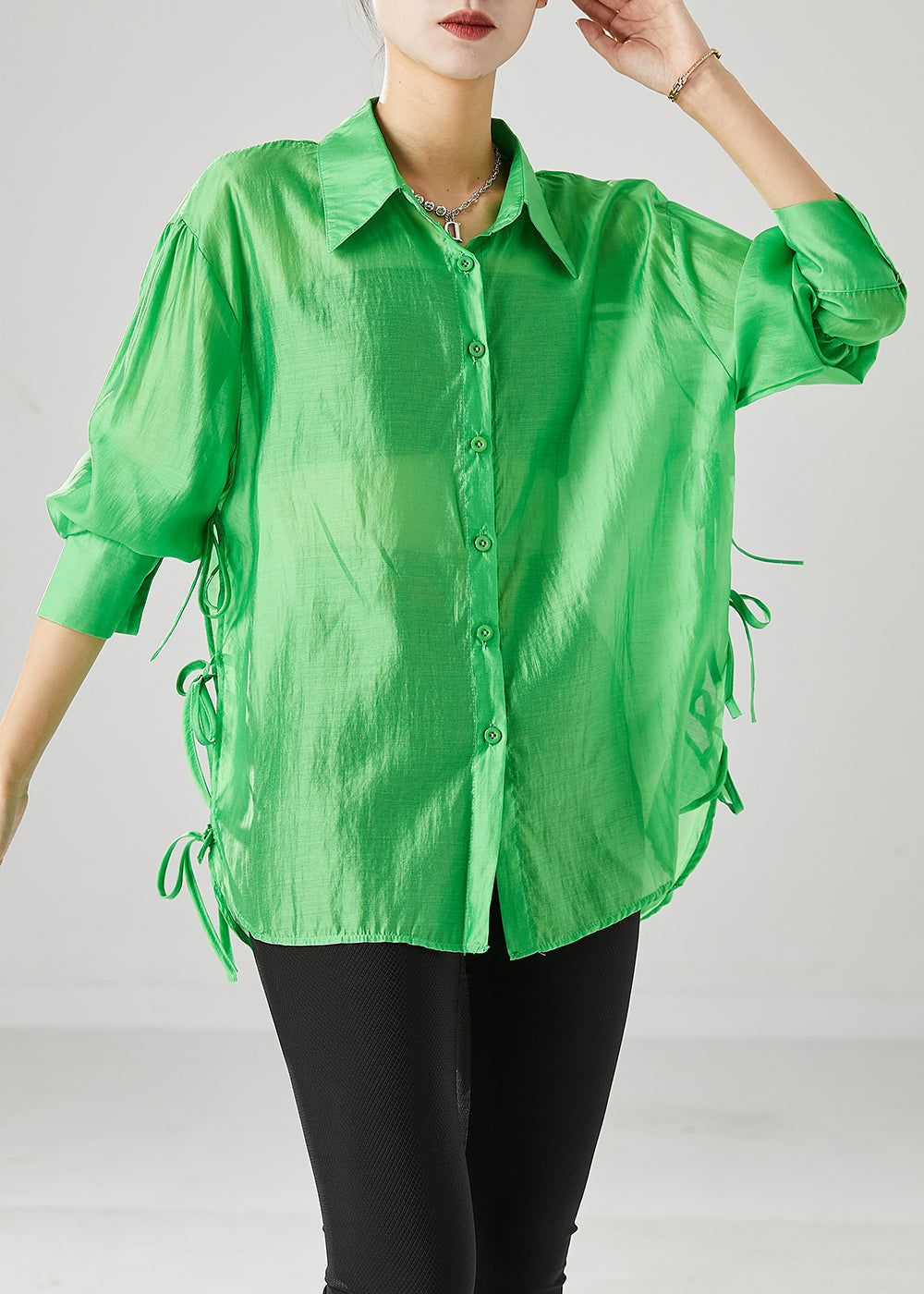 Elegant Fluorescent Green Lace Up Silk Blouses Fall Ada Fashion