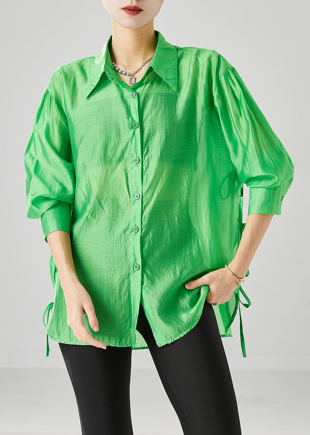 Elegant Fluorescent Green Lace Up Silk Blouses Fall Ada Fashion