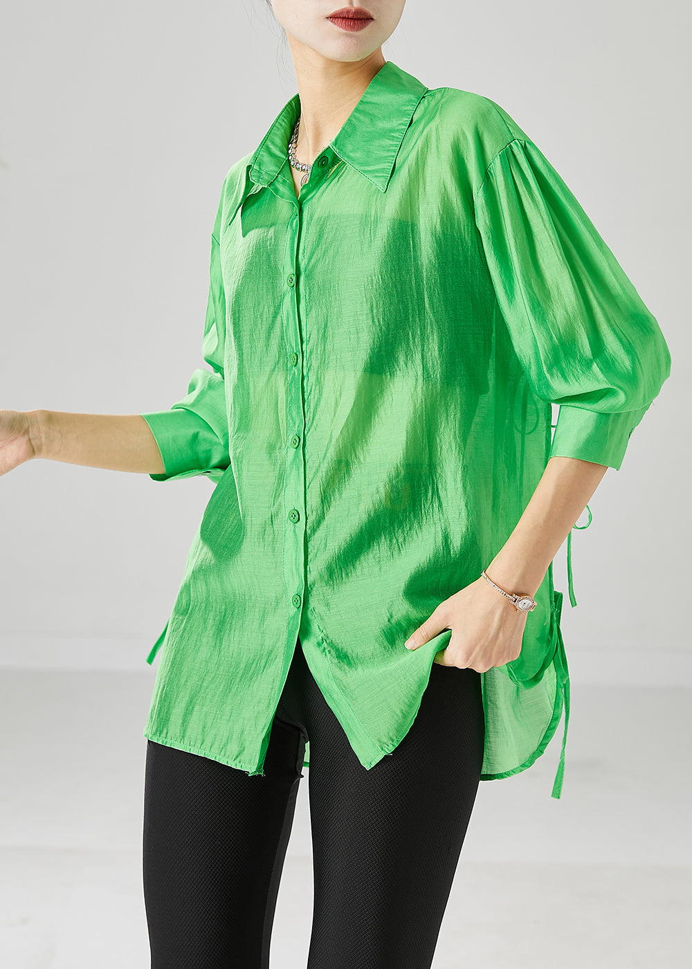 Elegant Fluorescent Green Lace Up Silk Blouses Fall Ada Fashion