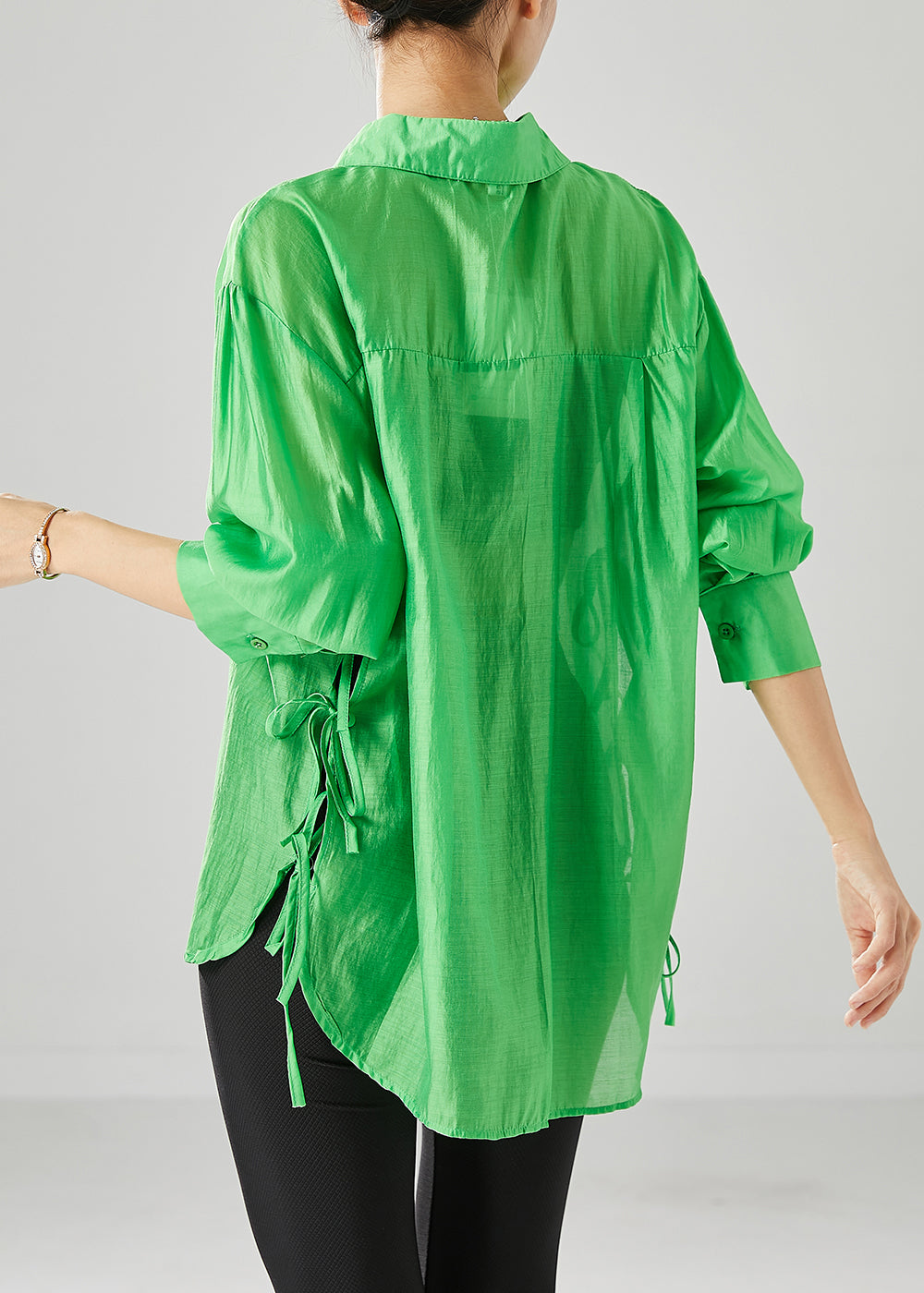 Elegant Fluorescent Green Lace Up Silk Blouses Fall Ada Fashion