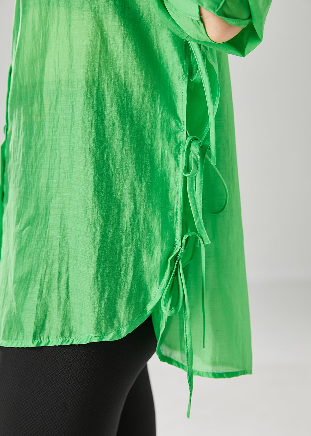 Elegant Fluorescent Green Lace Up Silk Blouses Fall Ada Fashion