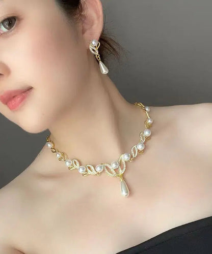 Elegant Gold Alloy Pearl Zircon Pendant Necklace Ada Fashion