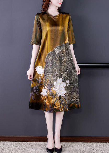 Elegant Gold O Neck Print Patchwork Silk Dress Summer LY5979 Ada Fashion