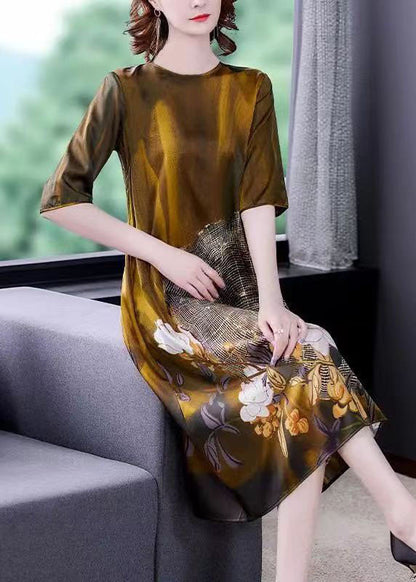 Elegant Gold O Neck Print Patchwork Silk Dress Summer LY5979 Ada Fashion