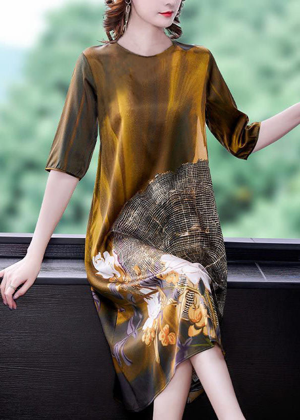 Elegant Gold O Neck Print Patchwork Silk Dress Summer LY5979 Ada Fashion