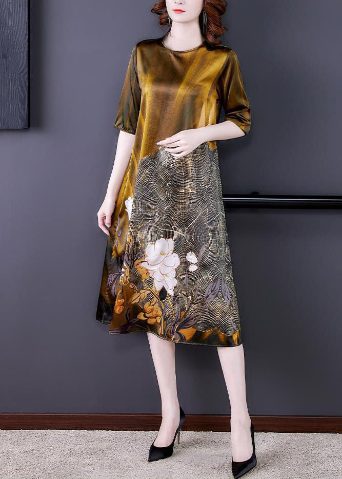 Elegant Gold O Neck Print Patchwork Silk Dress Summer LY5979 Ada Fashion